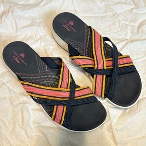 Clarks Black and Pink Sandals with Crisscross Straps